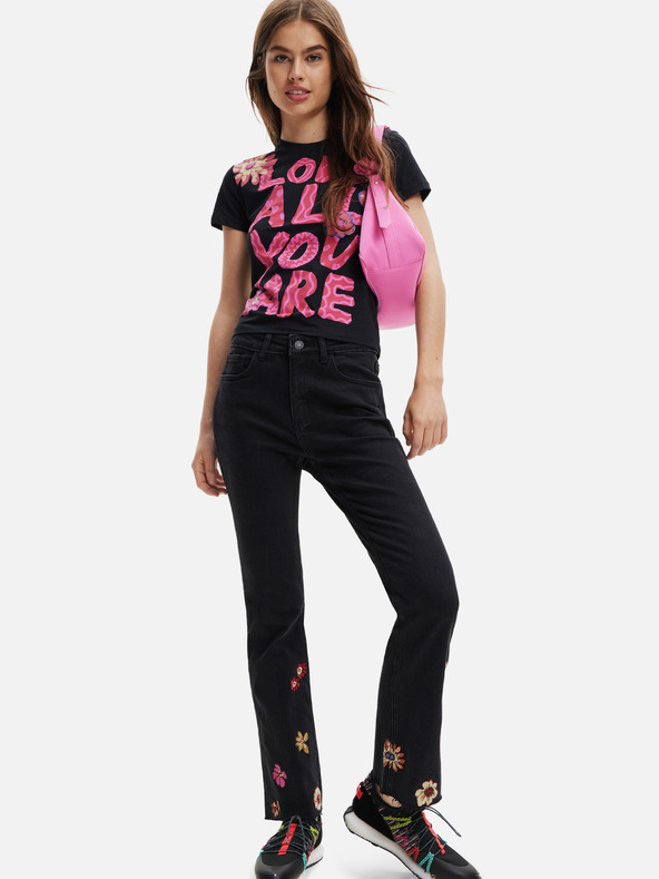Desigual Čierne dámske kvetinové džínsy rovného strihu Desigual Nicole
