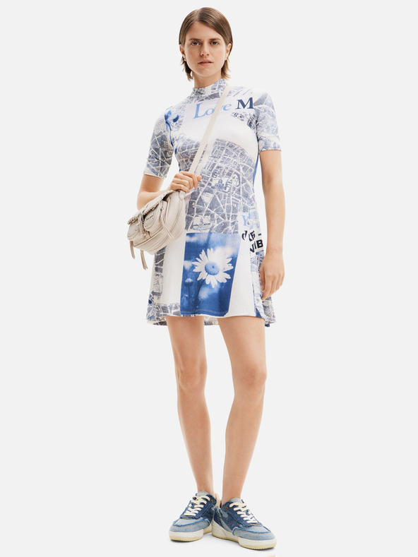 Desigual Modro-biele dámske vzorované šaty Desigual Clavelitos