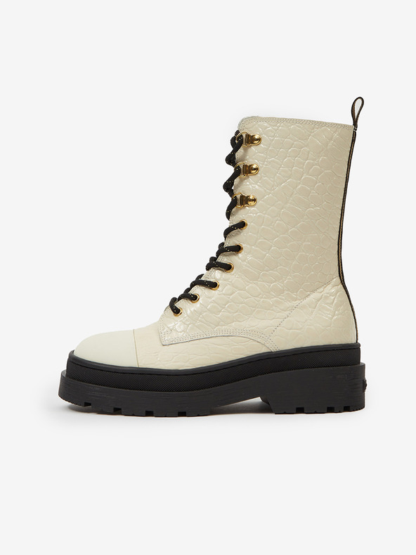 Scotch & Soda Krémové dámske kožené topánky Scotch & Soda Aubri Mid Boot Off Wht Croco