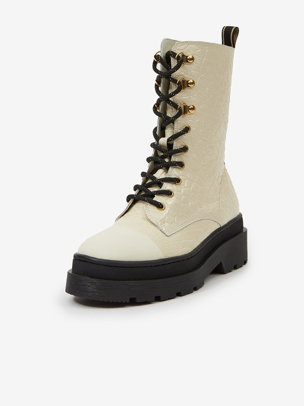 Scotch & Soda Krémové dámske kožené topánky Scotch & Soda Aubri Mid Boot Off Wht Croco