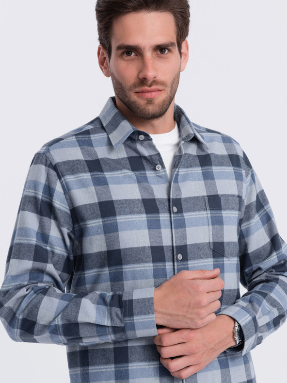 Ombre Clothing Modro-šedá pánska košeľa z kockovaného flanelu Ombre Clothing