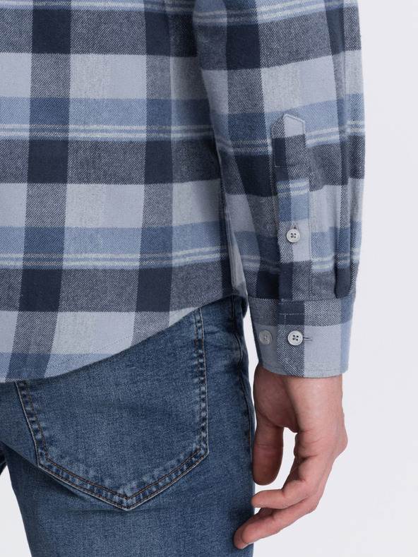 Ombre Clothing Modro-šedá pánska košeľa z kockovaného flanelu Ombre Clothing