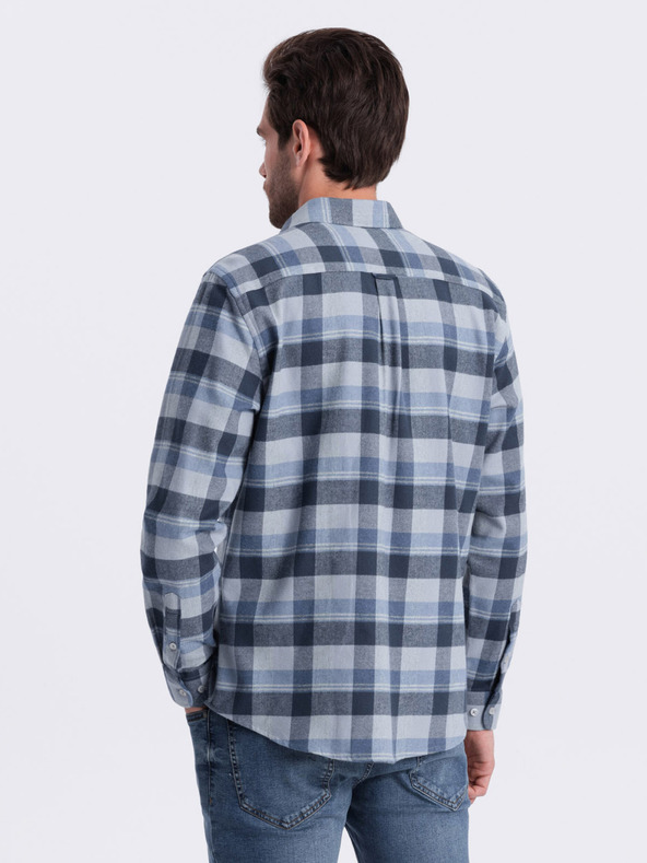 Ombre Clothing Modro-šedá pánska košeľa z kockovaného flanelu Ombre Clothing
