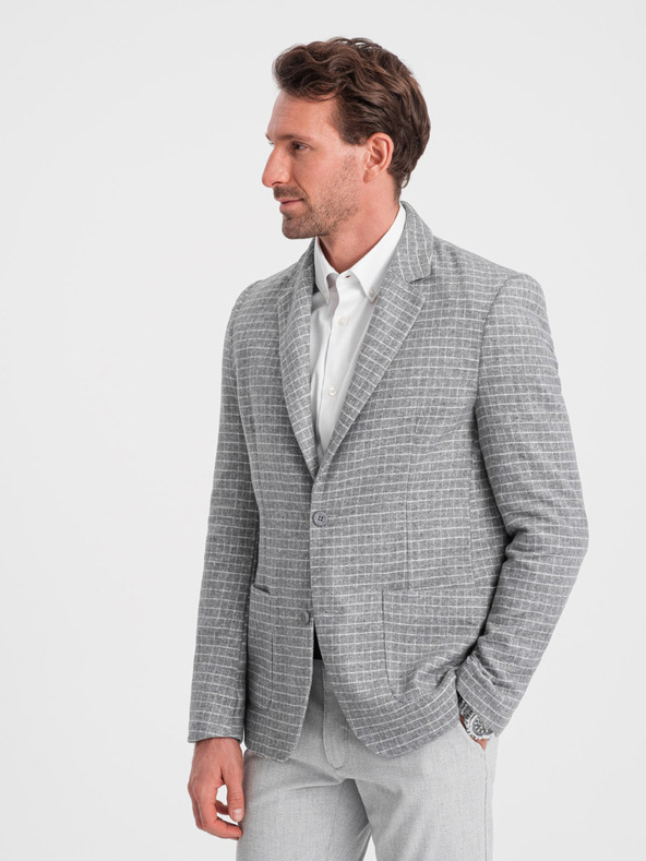 Ombre Clothing Šedá pánska károvaná bunda s prímesou vlny Ombre Oblečenie