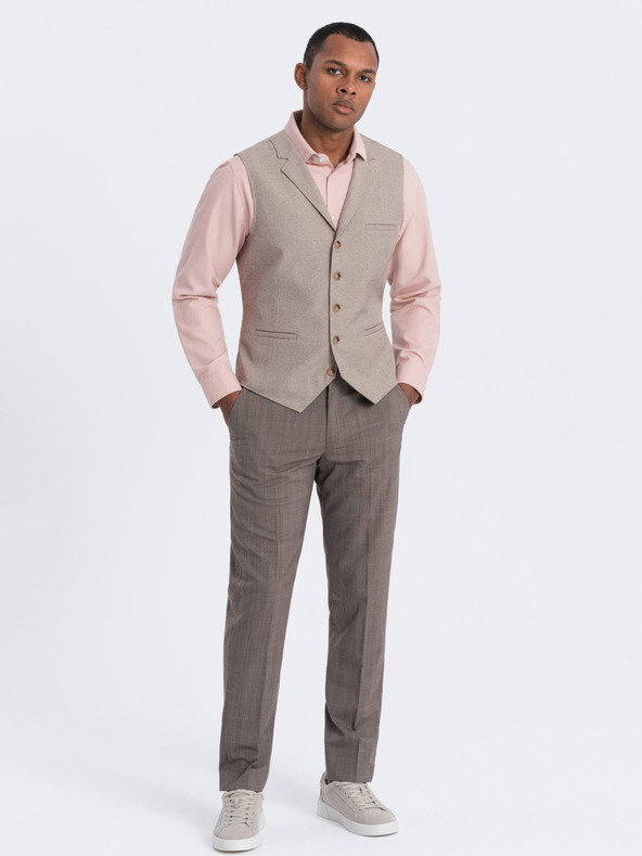 Ombre Clothing Béžová pánska obleková vesta s golierom Ombre Clothing