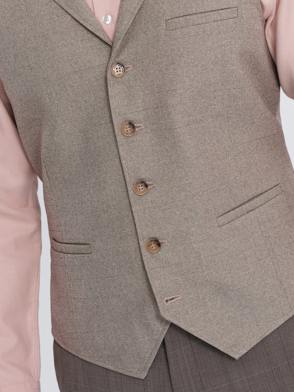Ombre Clothing Béžová pánska obleková vesta s golierom Ombre Clothing