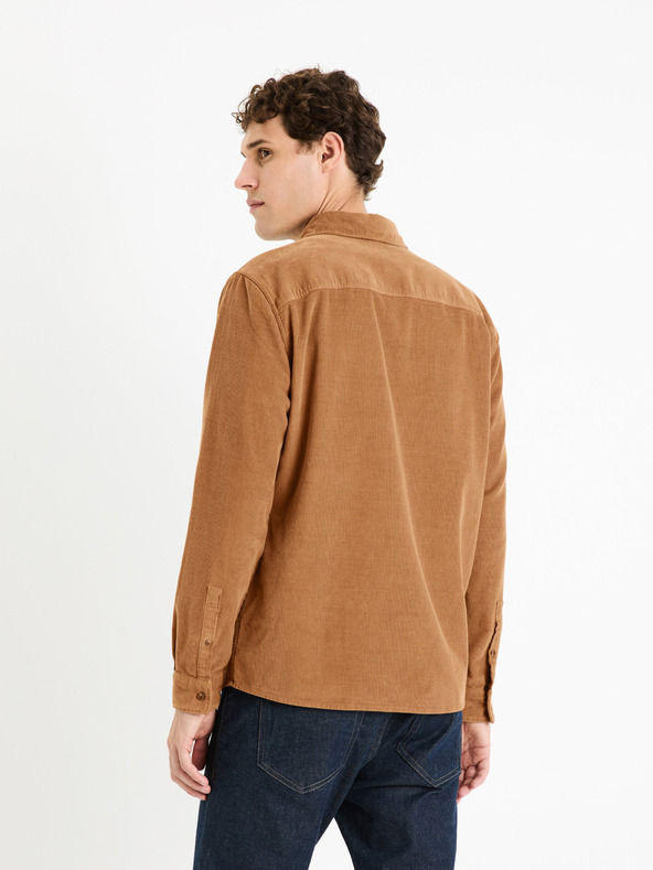 Celio Hnedá pánska manšestrová košeľa Celio Faduroy