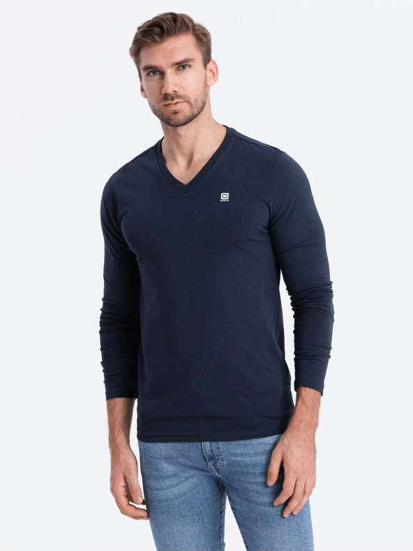 Ombre Clothing Tmavomodré pánske tričko s výstrihom do V Oblečenie Ombre