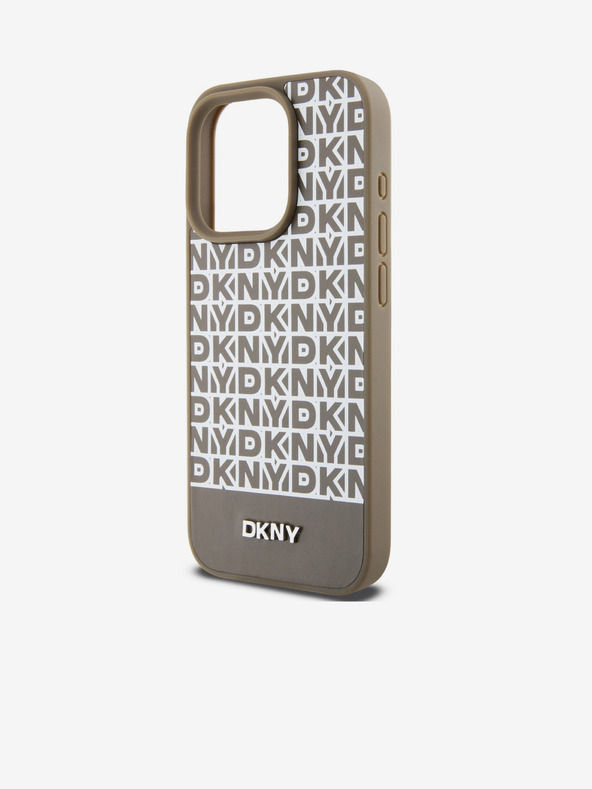 DKNY PU kožený zadný kryt Repeat Pattern Bottom Stripe MagSafe pre iPhone 14 Pro Max Brown DKNY