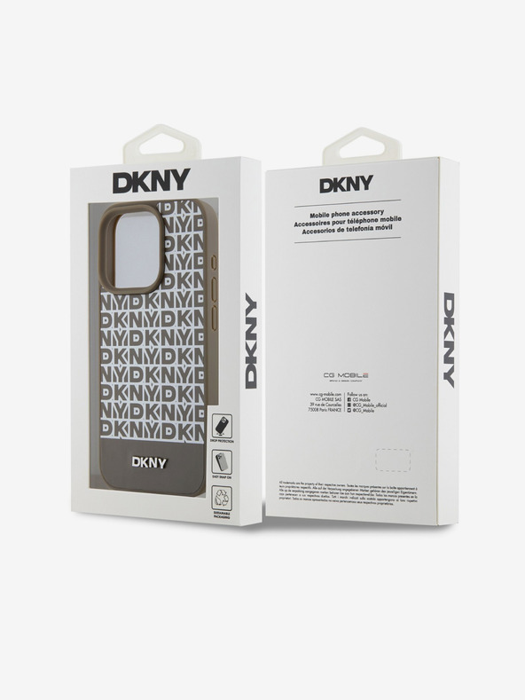 DKNY PU kožený zadný kryt Repeat Pattern Bottom Stripe MagSafe pre iPhone 14 Pro Max Brown DKNY