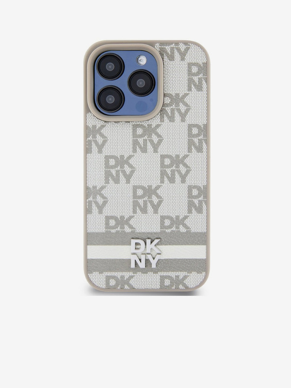 DKNY PU kožený zadný kryt so šachovnicovým vzorom a pruhmi pre iPhone 13 Pro Max Beige DKNY