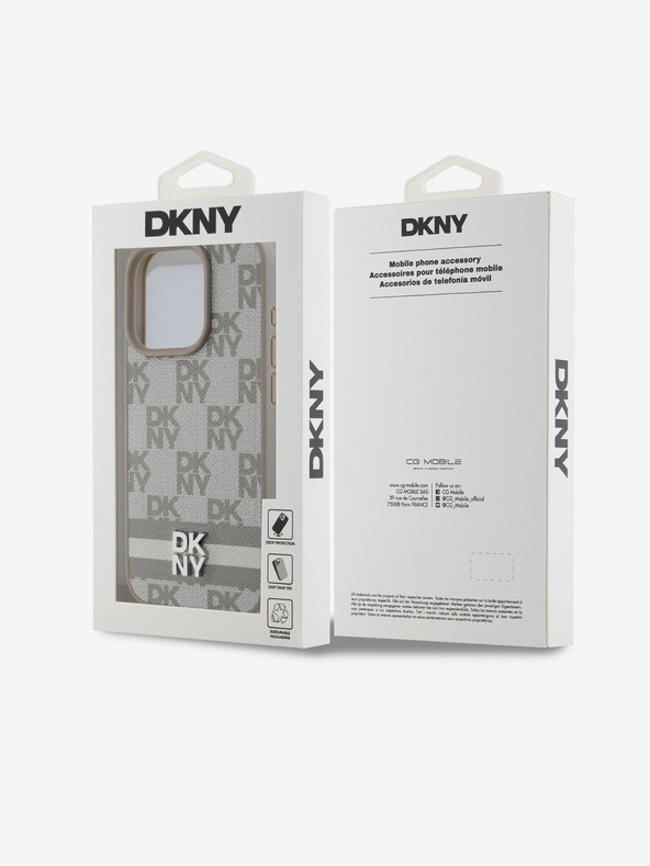 DKNY PU kožený zadný kryt so šachovnicovým vzorom a pruhmi pre iPhone 13 Pro Max Beige DKNY