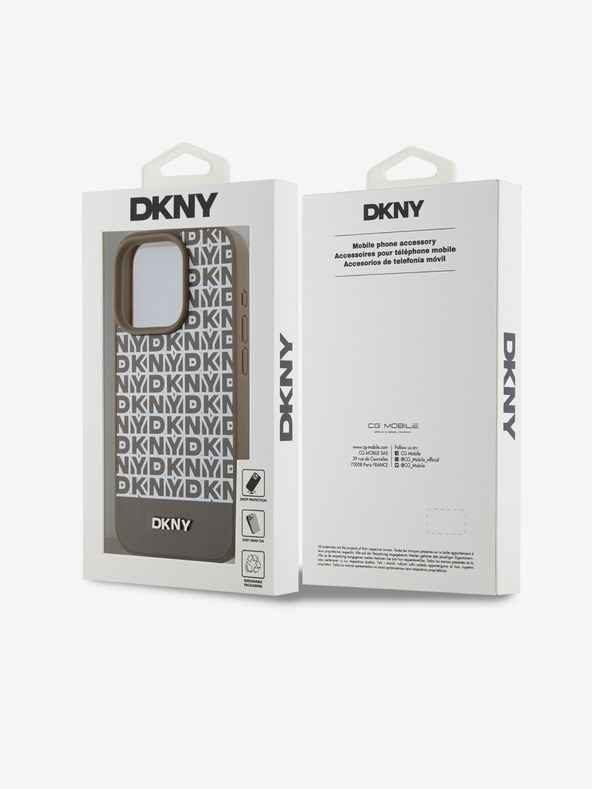 DKNY PU kožený zadný kryt Repeat Pattern Bottom Stripe MagSafe pre iPhone 13 Pro Max Brown DKNY