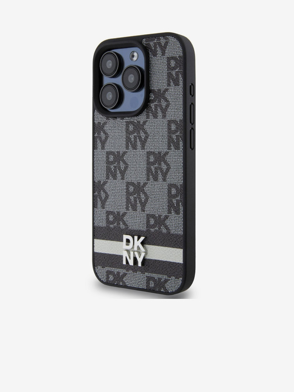 DKNY PU kožený zadný kryt so šachovnicovým vzorom a pruhmi pre iPhone 14 Pro Black DKNY