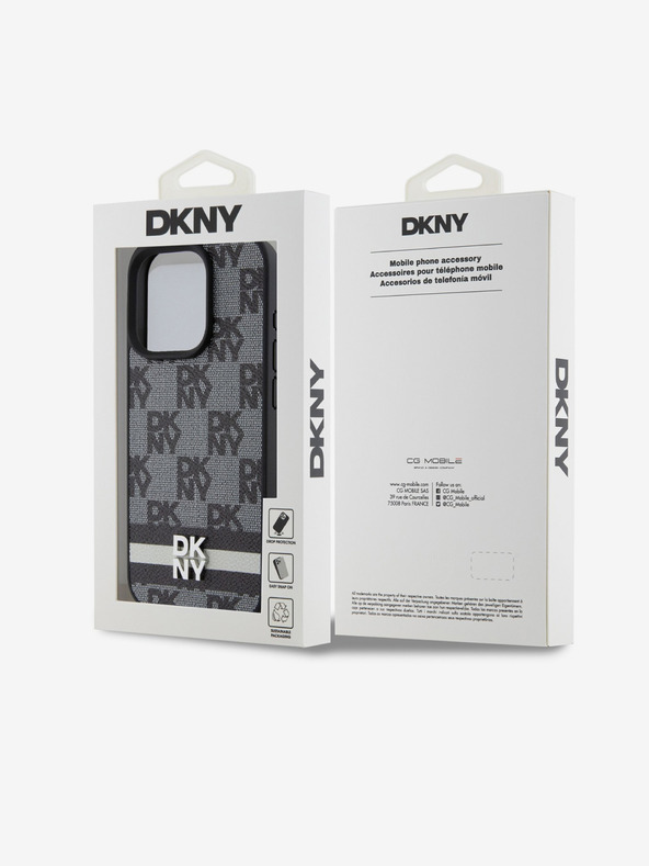 DKNY PU kožený zadný kryt so šachovnicovým vzorom a pruhmi pre iPhone 14 Pro Black DKNY
