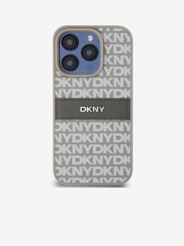 DKNY PU kožený zadný kryt s opakujúcim sa vzorom Tonal Stripe pre iPhone 15 Pro Beige DKNY