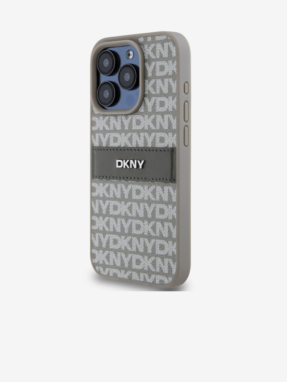 DKNY PU kožený zadný kryt s opakujúcim sa vzorom Tonal Stripe pre iPhone 15 Pro Beige DKNY