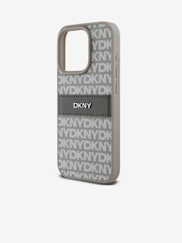 DKNY PU kožený zadný kryt s opakujúcim sa vzorom Tonal Stripe pre iPhone 15 Pro Beige DKNY