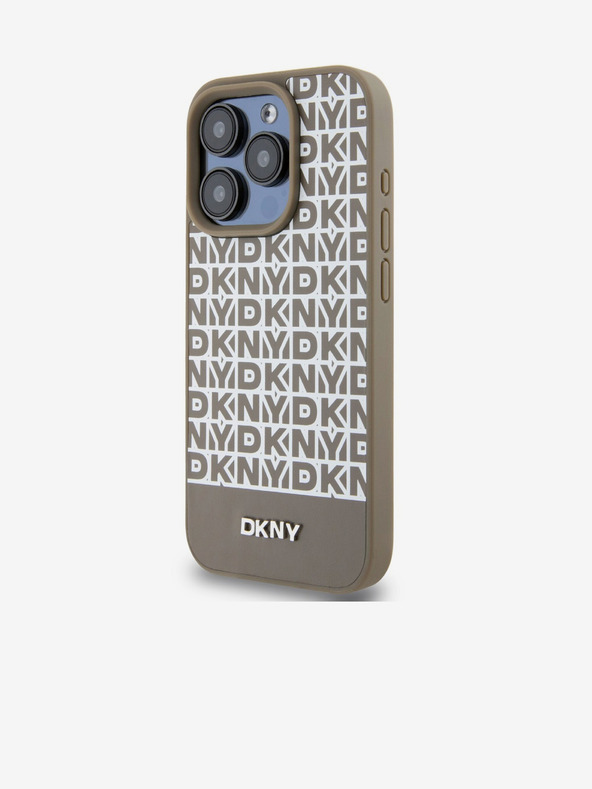 DKNY PU kožený zadný kryt Repeat Pattern Bottom Stripe MagSafe pre iPhone 14 Pro Brown DKNY