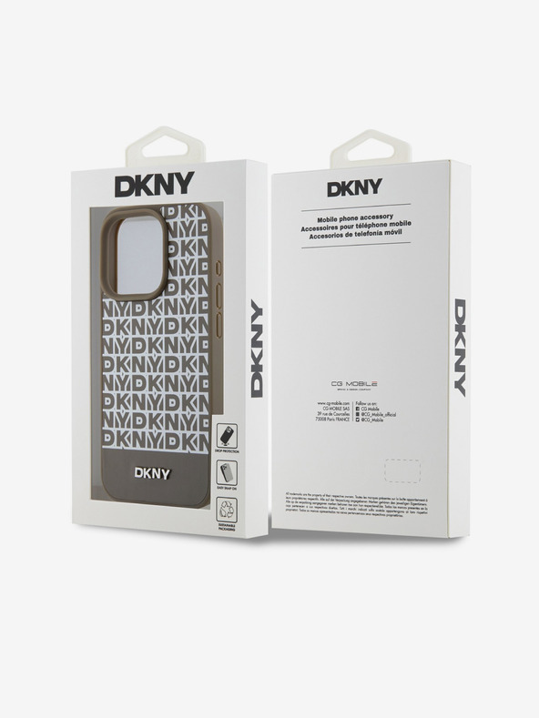 DKNY PU kožený zadný kryt Repeat Pattern Bottom Stripe MagSafe pre iPhone 14 Pro Brown DKNY