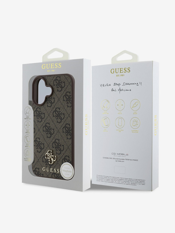 Guess Guess PU 4G Small Metal Logo MagSafe zadný kryt pre iPhone 16 hnedý