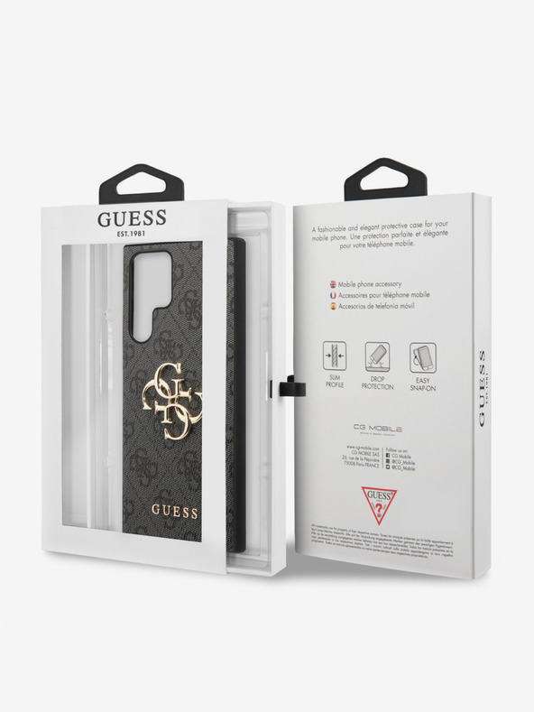 Guess PU 4G Metal Logo Zadní Kryt pro Samsung Galaxy S23 Ultra Grey Obal na telefón