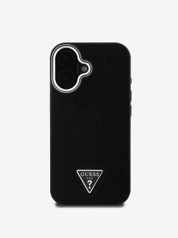 Guess Guess PU zrnitý zadný kryt s trojuholníkovým logom pre iPhone 16 čierny