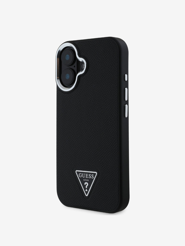 Guess Guess PU zrnitý zadný kryt s trojuholníkovým logom pre iPhone 16 čierny
