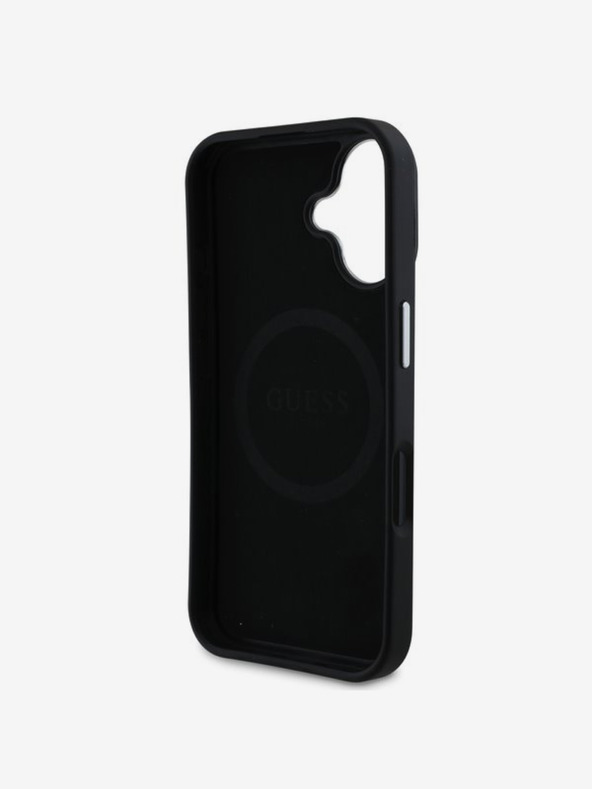 Guess Guess PU zrnitý zadný kryt s trojuholníkovým logom pre iPhone 16 čierny