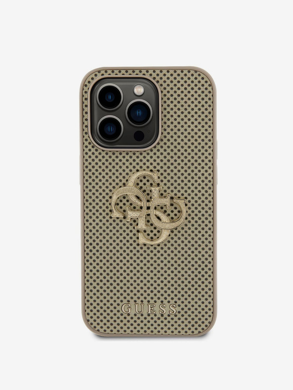 Guess Guess PU perforovaný zadný kryt 4G Glitter Metal Logo pre iPhone 15 Pro zlatý