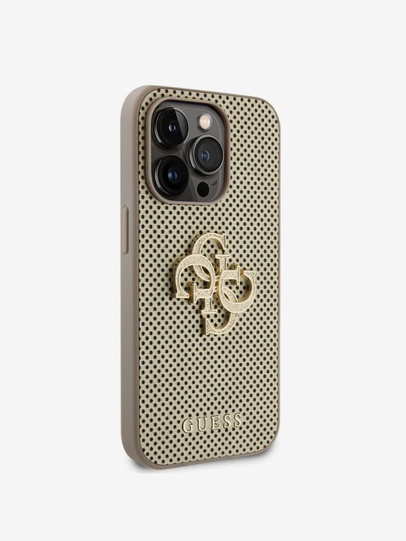 Guess Guess PU perforovaný zadný kryt 4G Glitter Metal Logo pre iPhone 15 Pro zlatý