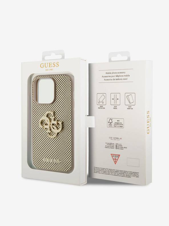 Guess Guess PU perforovaný zadný kryt 4G Glitter Metal Logo pre iPhone 15 Pro zlatý