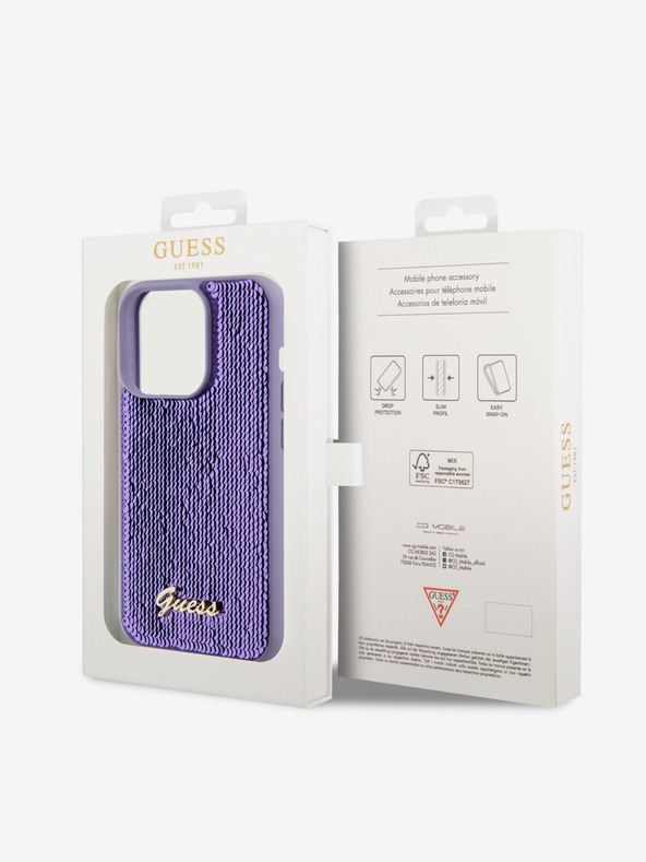 Guess Guess Sequin Script Logo Zadný kryt pre iPhone 14 Pro Purple