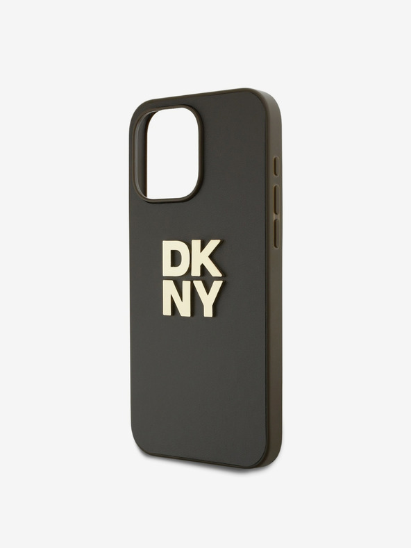 DKNY PU kožený zadný kryt s logom Stack Wrist Strap pre iPhone 15 Pro Max Brown DKNY