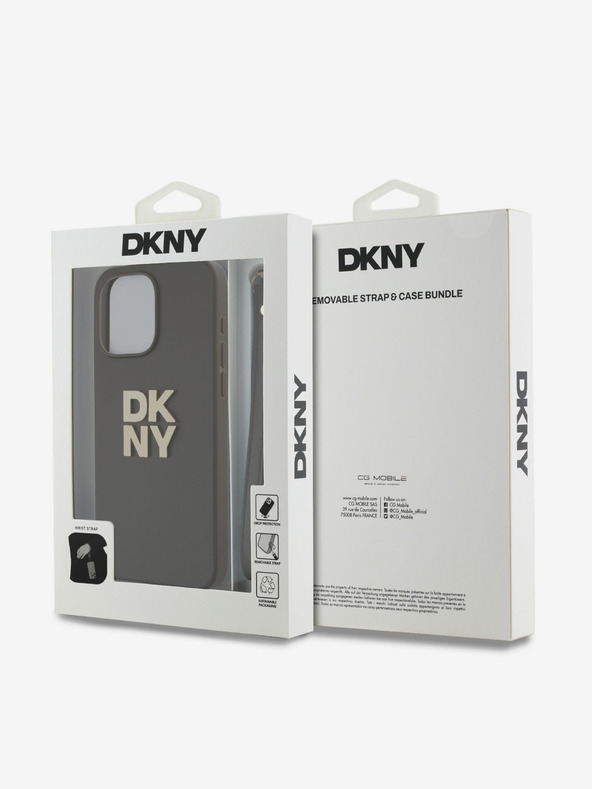 DKNY PU kožený zadný kryt s logom Stack Wrist Strap pre iPhone 15 Pro Max Brown DKNY