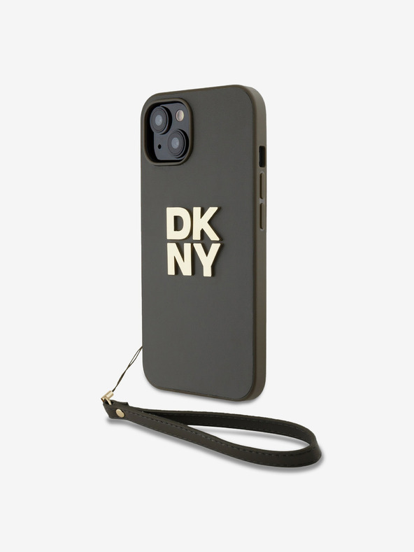 DKNY PU kožený zadný kryt s logom Stack Wrist Strap pre iPhone 13 hnedý DKNY