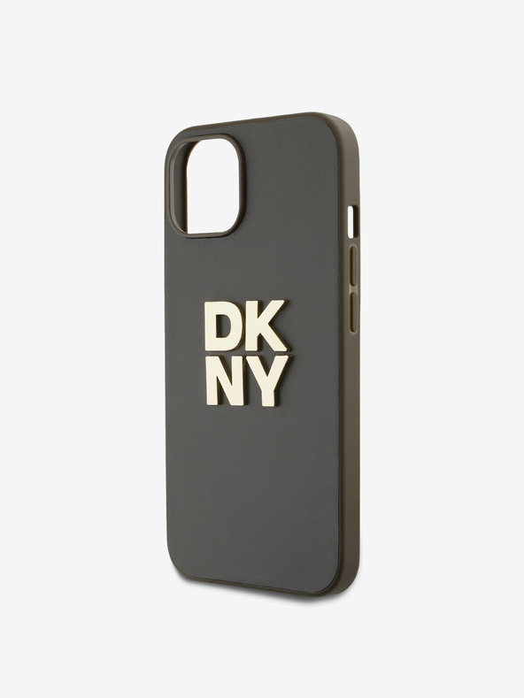 DKNY PU kožený zadný kryt s logom Stack Wrist Strap pre iPhone 13 hnedý DKNY