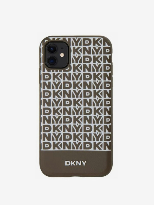 DKNY PU kožený zadný kryt MagSafe s opakovaným vzorom spodného pruhu pre iPhone 11 hnedý DKNY