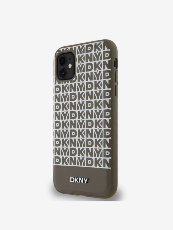 DKNY PU kožený zadný kryt MagSafe s opakovaným vzorom spodného pruhu pre iPhone 11 hnedý DKNY