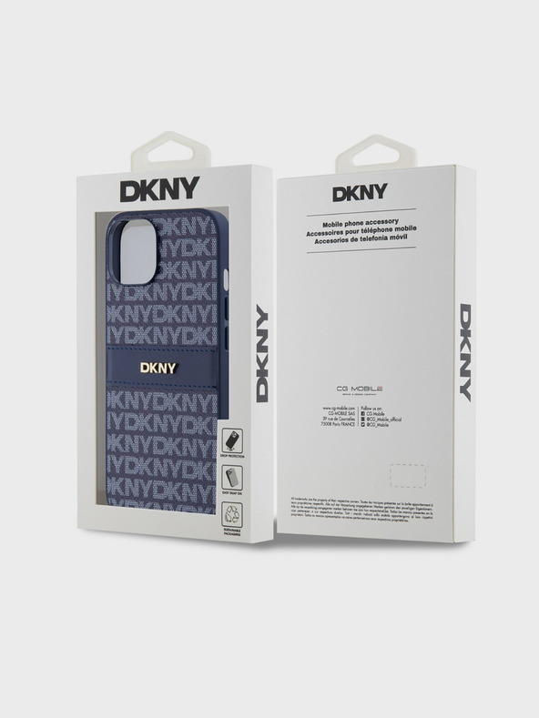 DKNY PU kožený zadný kryt s opakujúcim sa vzorom Tonal Stripe pre iPhone 14 Blue DKNY