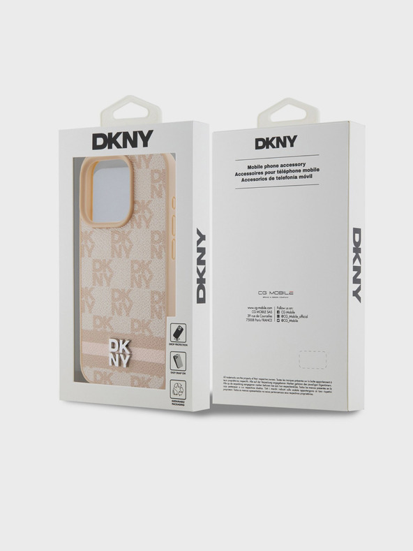 DKNY PU kožený zadný kryt so šachovnicovým vzorom a pruhmi pre iPhone 14 Pro Pink DKNY