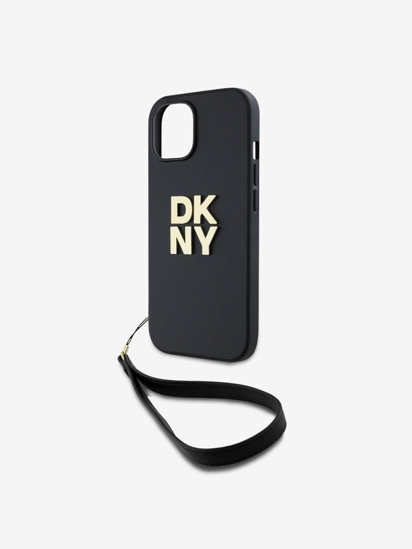 DKNY PU kožený zadný kryt s logom Stack Wrist Strap pre iPhone 14 čierny DKNY