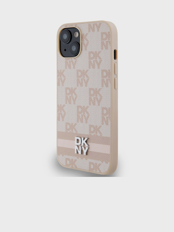 DKNY PU kožený zadný kryt so šachovnicovým vzorom a pruhmi pre iPhone 15 Pink DKNY