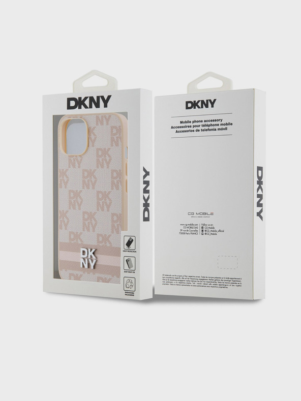 DKNY PU kožený zadný kryt so šachovnicovým vzorom a pruhmi pre iPhone 15 Pink DKNY