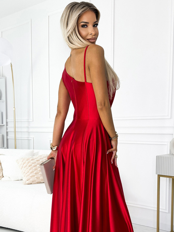 numoco Elegantné dlhé saténové šaty na jedno rameno - červené Numoco