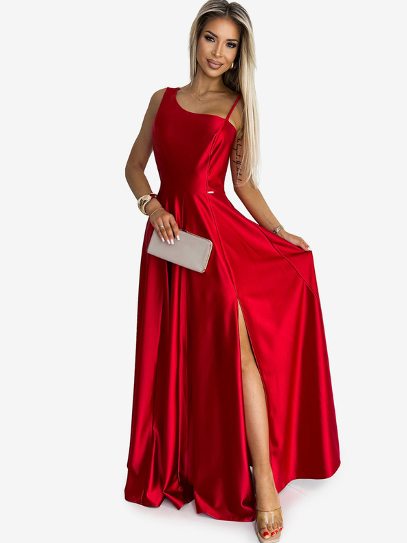 numoco Elegantné dlhé saténové šaty na jedno rameno - červené Numoco