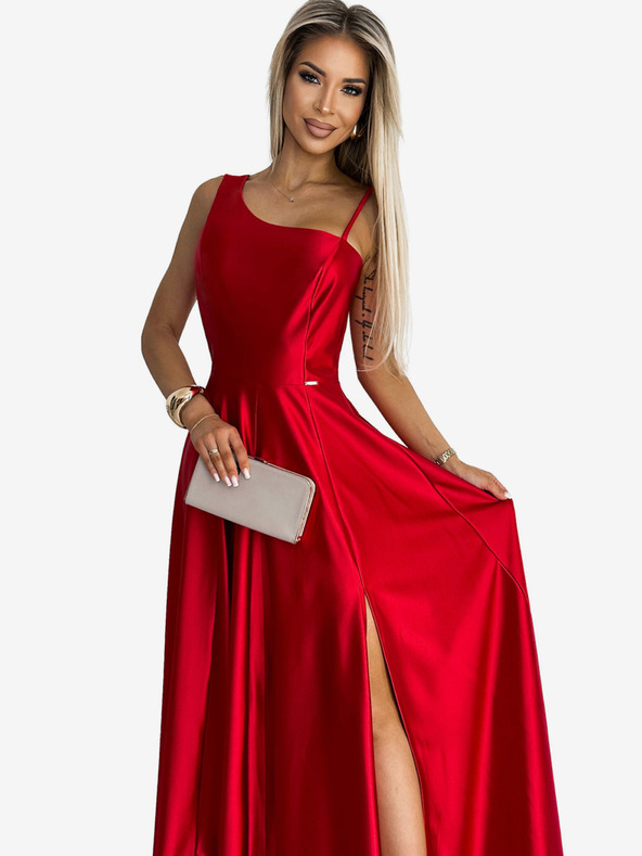 numoco Elegantné dlhé saténové šaty na jedno rameno - červené Numoco