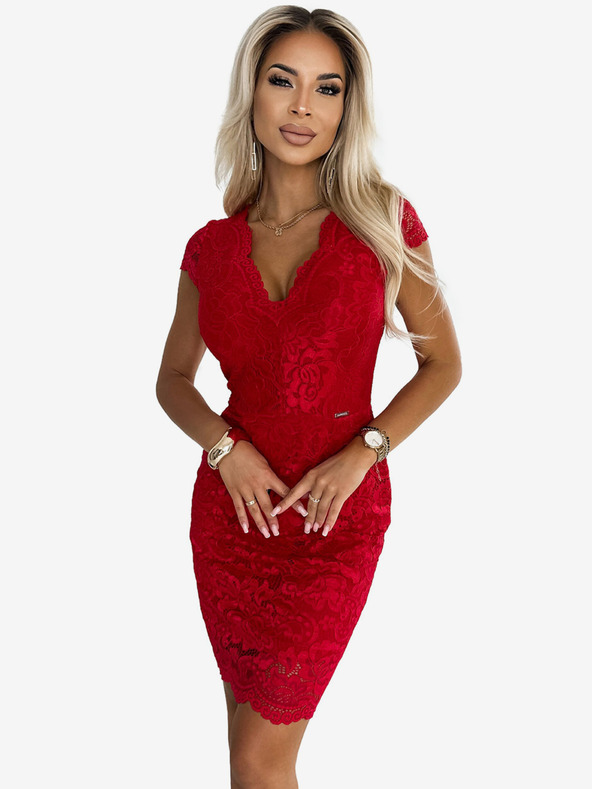 numoco Čipkované šaty s krátkym rukávom a srdiečkovým výstrihom - červené Numoco