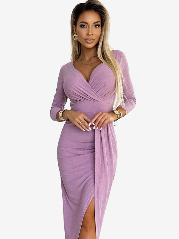 numoco Lesklé šaty s výstrihom a rozparkom na nohách - špinavoružové s trblietkami Numoco