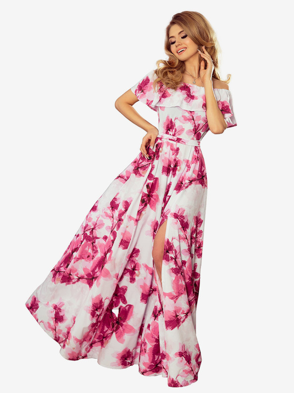 numoco Dlhé šaty s volánmi - veľké ružové kvety Numoco